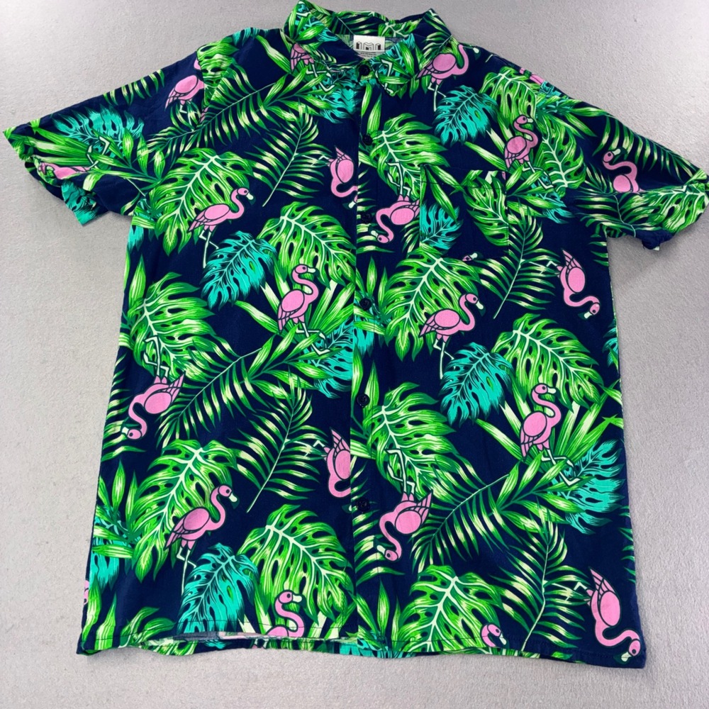 IML Flamingo Tropical Shirt Mens Medium Navy Blue Monstera Leaf Button Down